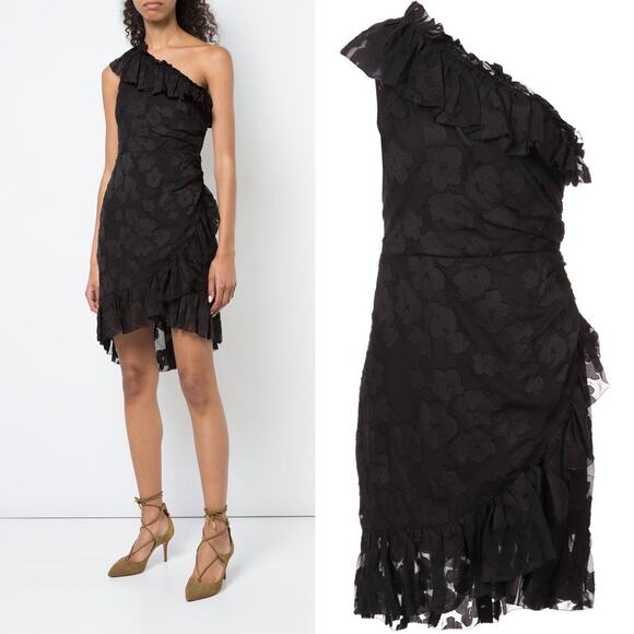 Ulla Johnson Rimona Dress Black Floral Silk Ruffles One Shoulder Size 0 Classic - Picture 3 of 16